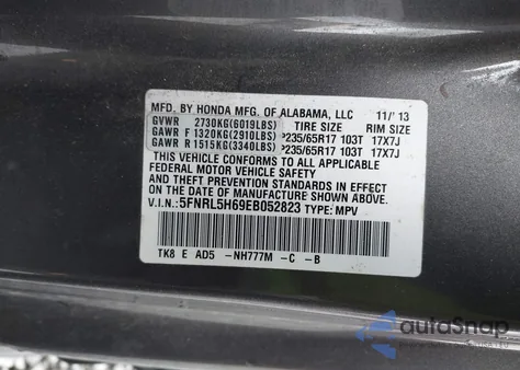 2014 Honda Odyssey Exl from USA, damaged, VIN 5FNRL5H69EB052823